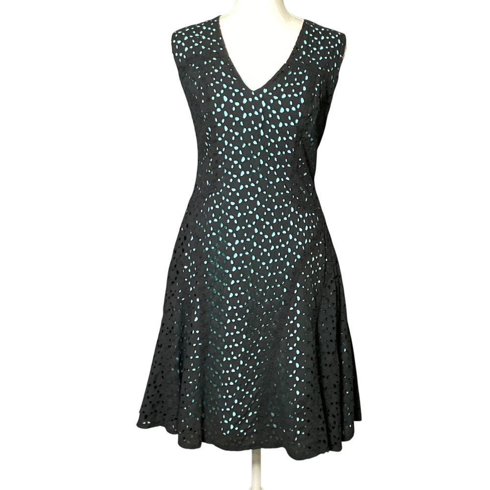 Maggy London Eyelet  Dress Women Size 6 Fit and Flare Black Turquoise Blue